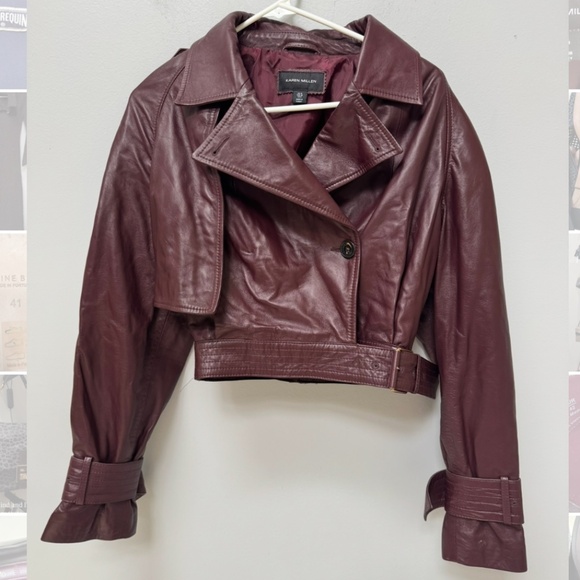 Karen Millen Plum Leather Cropped Bomber Jacket in Size 6 - Picture 2 of 7